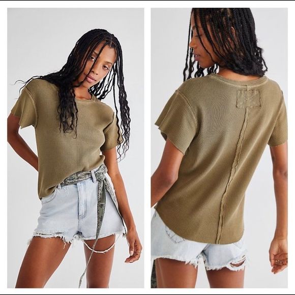 Free People Tops - Free People What's up Baby Waffle Tee in Army Green